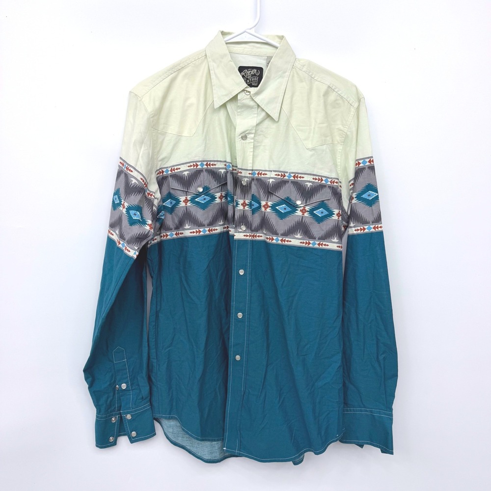 Roper Western Shirt Mens Medium Teal Aztec Geometric Pearl Snap Long Sleeve